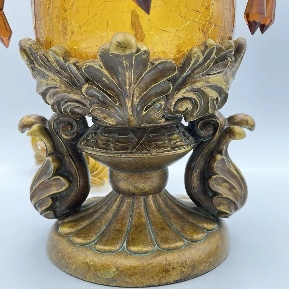 Vintage Bombay Company Bronze Amber Crackle Glass Beaded Table Lamp Tested/Works